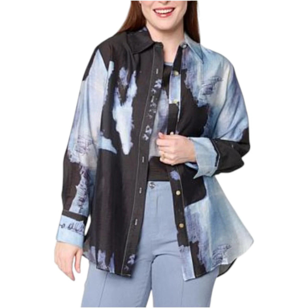 WynneCollection Women's Woven Long-Sleeve Collared Shirt Blue Combo - Regular